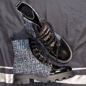 Karl Lagerfeld Black and Blue Tweed Ankle Boots
